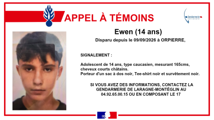 Appel &agrave; t&eacute;moins : Ewen, 14 ans, port&eacute; disparu depuis le 9 septembre &agrave; Orpierrre